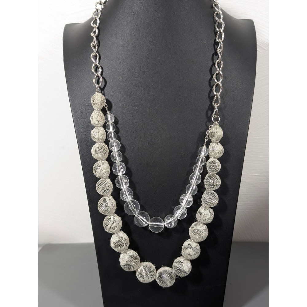 Silver Tone Clear Round Beaded Gray Lace Chunky Layered Statement Necklace 28"
